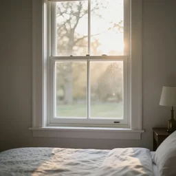 photo of interior design house, detail of a white window in a bedroom, view from bed, sunday morning, sun, bokeh, flares, yellow light, professional photography, f 1. 2, 3 5 mm