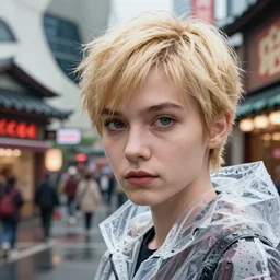 Kodak Portra 400, 8K, highly detailed, wachowski seinen manga 3/4 extreme closeup portrait, clear eyes, focus on clear transparent raincoat blonde pixie hair model, tilt shift zaha hadid style anime background: famous blade runner anime remake, tokyo izakaya scene