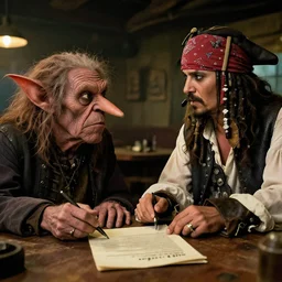 a goblin with a large nose and a pirate with a bandana negotiating a contract with Jared Leto in a Western saloon. Realism