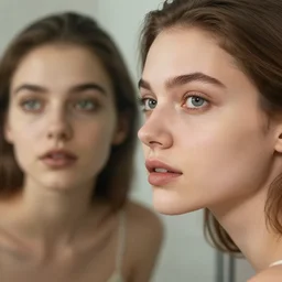 beautiful girl looking in to the mirror in the shower, close up portrait, beautiful glowing eyes