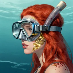 portrait of red head woman with a diver mask :: side profile :: in ocean :: guns and bullets ::  metallic clockwork details :: gold and petals pattern :: blood and horror ::  by marvel and Sandra Chevrier