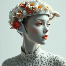 beautiful stunning biomechanical woman portrait with a smooth porcelain ivory profile face, futuristic haute couture, iris van herpin, headdress made of daisies, sponge corals, mushrooms, puffballs, white red rhizomorphs, cyberpunk metallic brackets, laser cut paper lace collar, octane highly render, 8 k, epic lighting