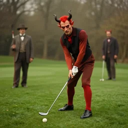 colorful portrait of a the devil playing golf, 1 8 0 0 s victorian photo, hand coloured photo, cinematic lighting, atmospheric, realistic, octane render, dramatic lighting, highly detailed, cinematic, by joel peter witkin and hieronymus bosch