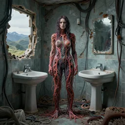 rgb, woman, destroyed bathroom, cinematic, movie scene, inspired by zdzislaw beksinski, new zealand landscape, clothes made out of veins,, cables everywhere, bedroom, ultra realistic, concept art, intricate details, highly detailed, photorealistic, octane render, 8 k
