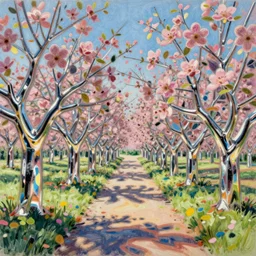 a landscape pastel in the style of noriyoshi ohrai, mark tedin and bob ross of an orchard where all the trees are made of chrome metal. a path leads through th eorchard key art. 4 k retrofuturistic fantasy