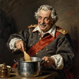Colonel Sanders mixes ingredients in a metal pot. Painted by Caravaggio, high detail