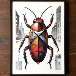 frame from a cult pulp graphic novel comprising of geometric art brut drawing of a cockroach - themed vigilante in upstate manhattan