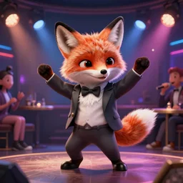 cute fox in suit dancing in club, photorealistic rendering, digital art, highly detailed