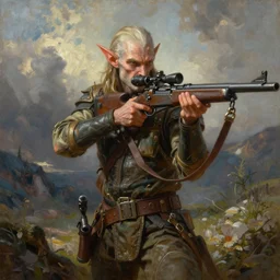 an oil painting of elven sniper posing with a enchanted rifle detailed realistic