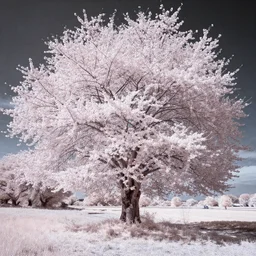 beautiful infrared landscape photography of magnificent cherry blossom tree by david keochkerian, ir filter