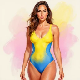 +very detailed+masterpiece+painting+Gal Gadot+swimsuit+featured in artstation+digitally drawn by WLOP+yellow+blue+pink-H 900