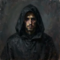 a portrait of a man wearing black hood and robes, shadows covering face, ominous, dark, oil painting