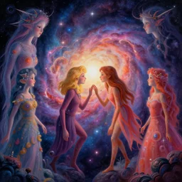 a psychedelic realm at the edge of the known universe, astral beings sharing love!!!!, in the style of greg rutkowski! and wlop and lisa frank! and bob ross!!! and ruan jia, illustration, epic, fantasy, hyper detailed, smooth, unreal engine, sharp focus, ray tracing