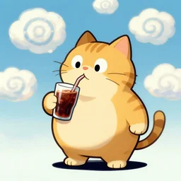 chubby cartoon concept art, cat drinking soda, from lorax movie, spiral clouds, sam and max