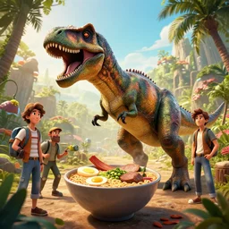 Jurassic park, ramen dinosaur, Greg Rutkowski, Darek Zabrocki, Karlkka, Jayison Devadas, Phuoc Quan, trending on Artstation, 8K, ultra wide angle, pincushion lens effect.