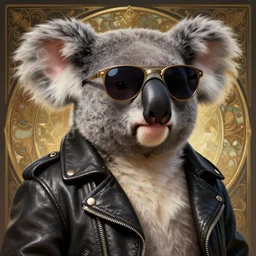 a koala bear wearing sunglasses and a leather jacket, photography of kurzgesagt, deep focus, d & d, fantasy, intricate, elegant, highly detailed, digital painting, artstation, concept art, matte, sharp focus, illustration, hearthstone, art by artgerm and greg rutkowski and alphonse mucha