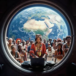 analogue photo of an African tribal DJ and crowd on a spaceship, view of planet earth in porthole window, wide angle, photography by Martha Cooper