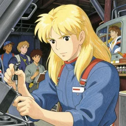 a mechanic working in a busy starship hanger, finely illustrated face, long blonde hair, bodysuit, highly detailed, colored pencil, studio ghibli, tankobon, in the style of ilya kuvshinov and krenz cushart and william - adolphe bouguereau and alphonse mucha