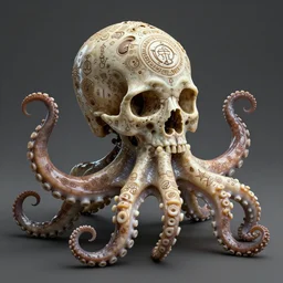 hyper realistic 3 d render of ornately carved rococo human skull octopus hybrid, detailed scrimshaw pattern of occult symbols, tentacles, octane render 4 k, bone and ivory, waxy