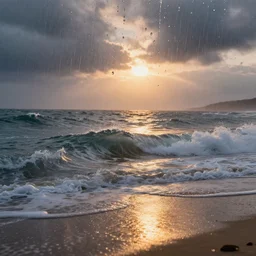 looking at the waves on the beach at sunset through dripping wet glass, rain, fog, clouds, sparkles, shine, glimmer, reflections, led light, highly detailed and intricate, hdr, metallic colors, intricate, elite, ornate, elegant, luxury, sharp focus, photography, unreal engine, trending on artstation, photorealistic, octane, trending on deviantart