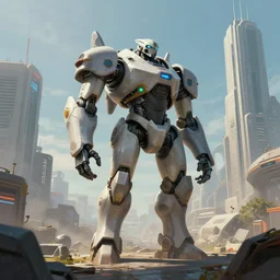 Amazing digital concept art of a guardian robot in a futuristic metropolis by James Clyne and Joseph Cross. Cinematic, video game concept art. Wide angle.