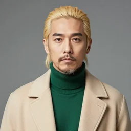 portrait of a man. asian. blonde hair, a ponytail and a goatee. a strip of hair on his forehead. wearing a green neck sweater under an beige coat.