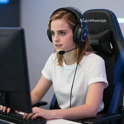 emma watson wearing a gaming headset photo sitting on gaming chair