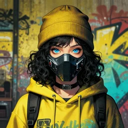 highly detailed portrait of a sewerpunk student lady with blue eyes and hoody, beanie hat, cyber ninja face mask, black curly hair by atey ghailan, james gilleard, by joe fenton, by greg rutkowski, by greg tocchini, by kaethe butcher, gradient yellow, black, brown and cyan color scheme, grunge aesthetic!!! ( ( dystopian graffiti tag wall in background ) )