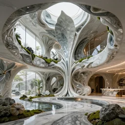 highly detailed ultra sharp 3 d villa interior cinematic composition of a smooth ceramic porcelain biomorphic magnolia leaves stone nebula fluid fractal metallic sci - fi surreal architecture landscape, granite, marble, moss, lichen, vincent callebaut composition, mamou - mani, archviz, beautiful lighting, 8 k, unreal engine, hdr,