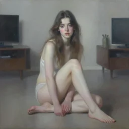 a portrait of beautiful woman sitting in the floor, inside a modern apartment, intricate oil painting, hyperdetailed, misty, ethereal, dramatic lighting, 8 k, by jeremy mann and ruan jia
