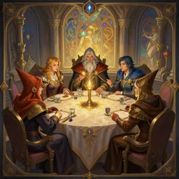 a group of wizards gathered around a round table discussing political matters, d & d, fantasy, intricate, elegant, highly detailed, digital painting, artstation, concept art, matte, sharp, illustration, hearthstone, art by artgerm and greg rutkowski and alphonse mucha