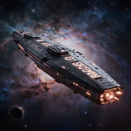 a hyper realistic beautiful scene render of a single massive black horizontal starship with glowing engraved neon inscriptions glowing through space and time and floating in an cosmic nebulae sky, mechanics, electron flow, metal, 3 d render, in the style of christophe vacher and sparth juan gregory crewdson and simon stalenhag paul pepera pablo roldan, subject in view, golden ratio composition, moody volumetric lighting