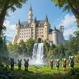 beautiful illustration of a big castle in a fantasy world, waterfall, green grass, blue sky, by albert bierstadt, highly detailed, crystal lighting, mystical, forest, hyperrealistic, 4 k, unreal engine, magical, by joe fenton, by greg rutkowski, by greg tocchini, by kaws, by kate beaton, by kaethe butcher