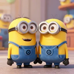 a pair of blue cat minions, yellow overalls, 3 d animation