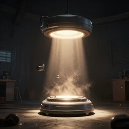 teleportation machine in a dimly lit room, light shining from the machine and illuminating the dust particles in the air, style of octane 3 d, unreal engine