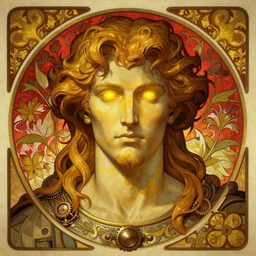 the god hephaestus, ash hair, glowing eyes, volumetric lights, yellow and red scheme, art nouveau botanicals, gothic, intricate, highly detailed, digital painting, artstation, concept art, smooth, sharp focus, symmetric face, illustration, steampunk, art by artgerm and greg rutkowski and alphonse mucha