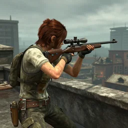 game walking dead telltale games clementine aiming with a sniper rifle on a rooftop, 4 k, highly detailed