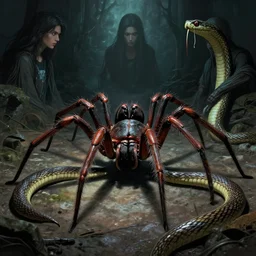 giant spider versus snake, beautiful dramatic moody lighting, cinematic atmosphere, by Jean Giraud, Alex Grey, Zdzislaw Beksiński, Dan Mumford, Patiphan Sottiwilaiphong, Yintion J - Jiang Geping