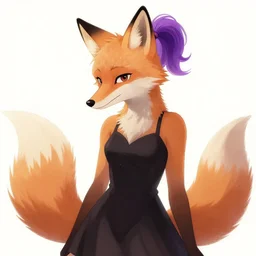 a woman with very short fur all over her that is light orange and has black fox ears, and a fox snout, she has purple hair tied up in to a ponytail, and is wearing a black dress. shaded artwork, furry art, fur - affinity, deviant art