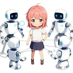 anthropomorphic connected automated social bot network, panorama art, direct lines, cute teasing anime girl