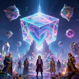 mysterious satellites over epic mystical crystal temple, infinite fractal tesseract, quantum waves, synthwave, bright neon colors, highly detailed, cinematic, tim white, vladimir kush, jim burns, bob eggleton, philippe druillet, kubrick, aubrey beardsley, michael whelan, alfred kelsner, boris vallejo
