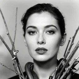 portrait of a woman, close - up, black and white photo, retro photography, high sharpness, zeiss lens, fashion photo shoot, dry branches, in front of snakes, in the fog, edward buba, annie leibovitz, paolo roversi, david lazar, jimmy nelsson, eiko hosoe, artistic, hyper - realistic, beautiful face, octane rendering
