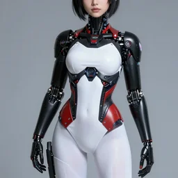 a detailed potrait of a cyberpunk cyborg girl with black and red parts, white stockings, white swimsuit, perfect face, realistic shaded perfect face, detailed. night setting. very anime style. realistic shaded lighting poster by ilya kuvshinov katsuhiro, unreal engine, global illumination, radiant light, detailed and intricate environment, full length and white stockings