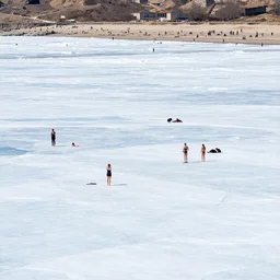 lots of people in swimsuit on the pack ice instead of the beach, telephoto vacation picture
