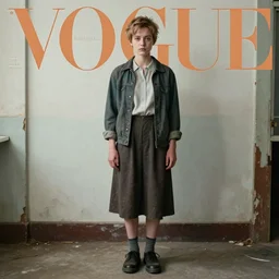 vogue magazine cover : full - body portrait of shortpixiecut sadie sink as a poor girl in a decaying oversized man's coat and wearing a yellow scarf : soviet steamcyberpunk, ultrarealistic, photorealistic, intricate detail, photograph by anne leibovitz