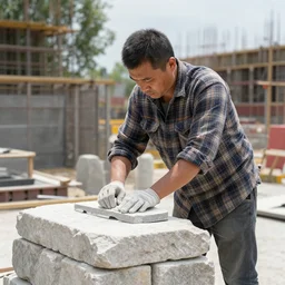 a man made of stone, wearing a plaid shirt, working construction