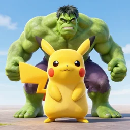 pikachu looking like hulk!, octane render, full shot, by studio ghibli, pixar, disney.