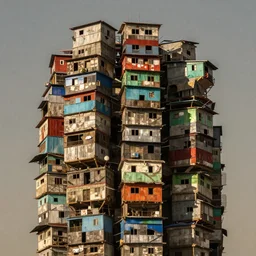 close - up swirling towers made up of colourful makeshift squatter shacks, faded colours, neutral sky, dystopia, mamiya, very detailed, ultra sharp, photographed by john chiara and ansel adams