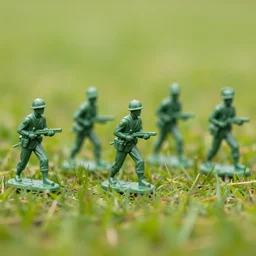 5 green plastic toy soldiers getting ready for battle on the grassy land. zoom in. DOF 100mm. F/1.8