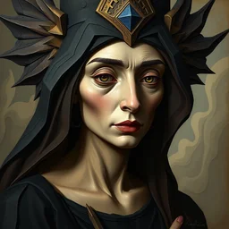 3 d cell shaded portrait painting of witch of heaven, 3 d cell shaded cubism, in the style of picasso 3 d cell shaded, elegant, highly detailed, artstation, art by picasso 3 d cell shaded unreal engine